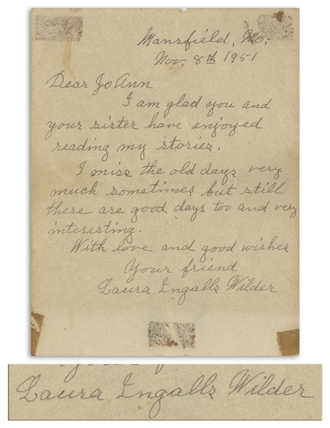 Laura Ingalls Wilder Autograph Letter Signed -- ''...I miss the old days very much sometimes...''